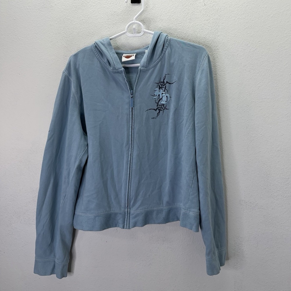 Vtg Y2K 2006 Harley Davidson Hoodie Womens XL Blue Full Zip Jacket Tribal Tattoo